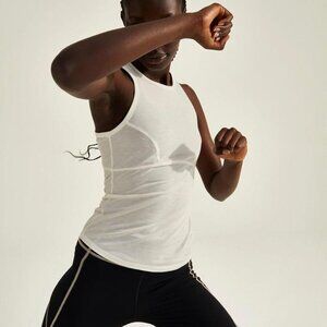 New Sweaty Betty X Halle Berry | Frankie Racer Neck Tank in Lily White
